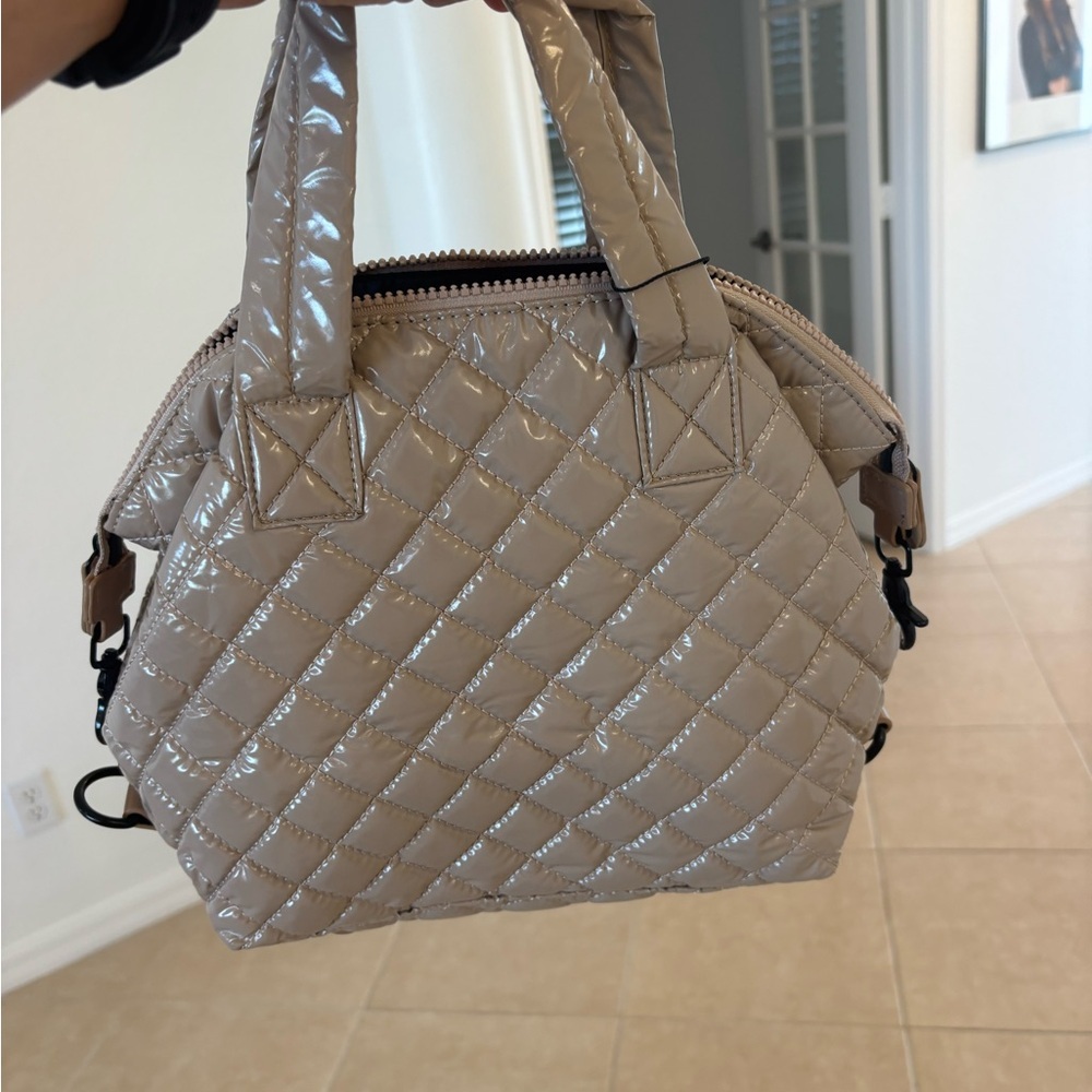 Quilted Patent Satchel Handbag in Taupe With Crossbody Handle